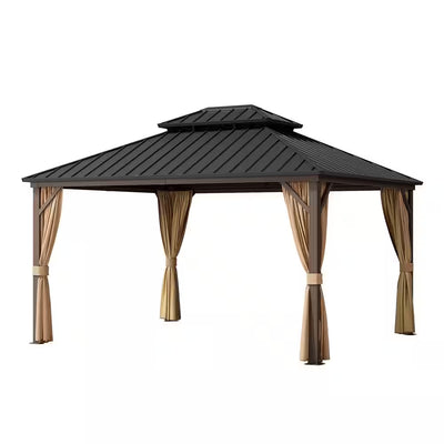 Outdoor Gazebo Built for Year-Round Use, 14x12 Aluminum Frame, Double Steel Roof, Mosquito Netting