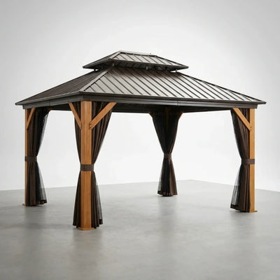 Outdoor Gazebo Built for Year-Round Entertaining, Cedar Wood Frame, Steel Double Roof, 168 Sq Ft