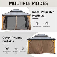 12 Ft. X 14 Ft. Outdoor Cedar Wood Frame Hardtop Gazebo with Galvanized Steel Double Roof, Curtains and Netting