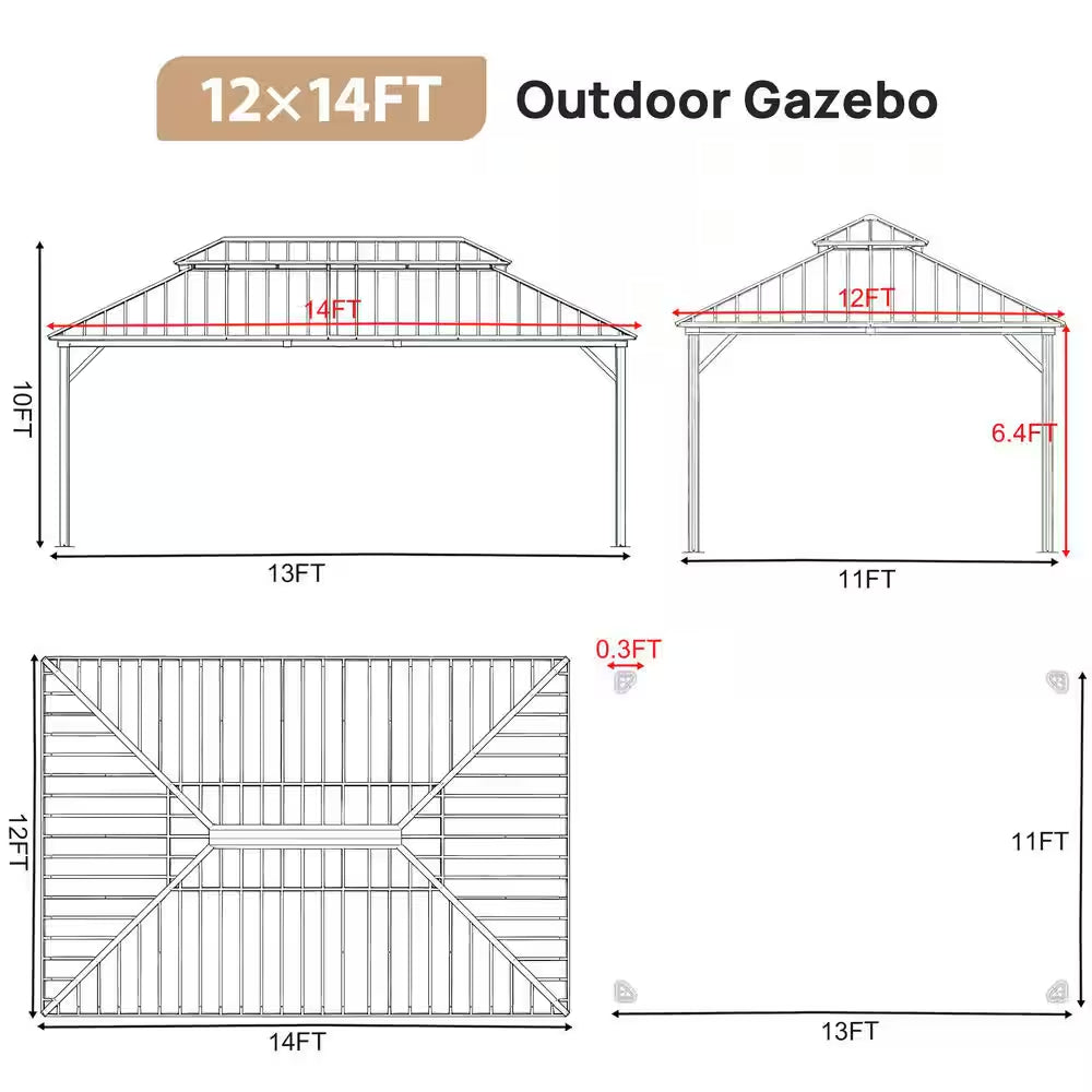12 Ft. X 14 Ft. Double Galvanized Steel Roof Aluminum Frame Outdoor Patio Hardtop Gazebo with Netting and Curtains