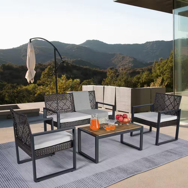 Wicker Patio Conversation Set Designed for Outdoor Relaxation, Acacia Wood Table, Iron Frame, Seats 4