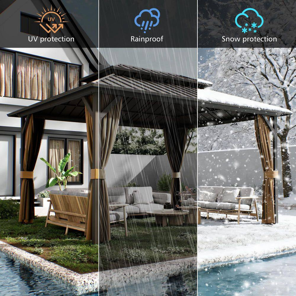 12 Ft. X 14 Ft. Double Galvanized Steel Roof Aluminum Frame Outdoor Patio Hardtop Gazebo with Netting and Curtains