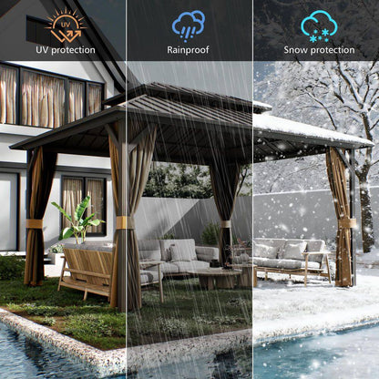 12 Ft. X 14 Ft. Double Galvanized Steel Roof Aluminum Frame Outdoor Patio Hardtop Gazebo with Netting and Curtains