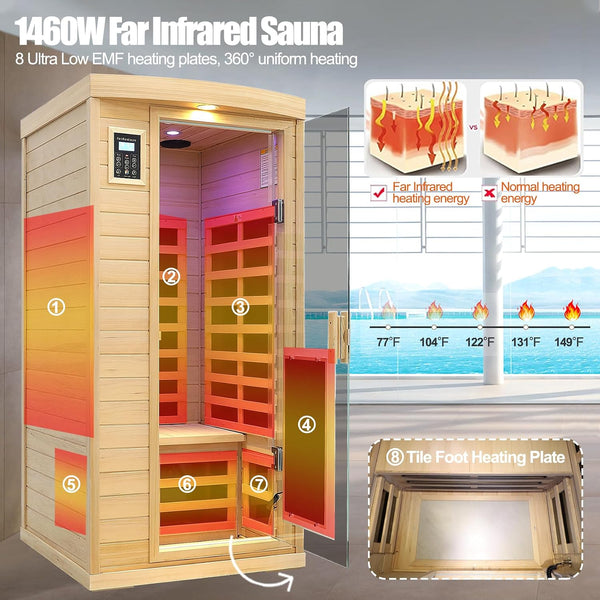 Infrared Sauna Designed for Home Wellness, Canadian Hemlock Wood, Ultra-Low EMF, 360° Heating