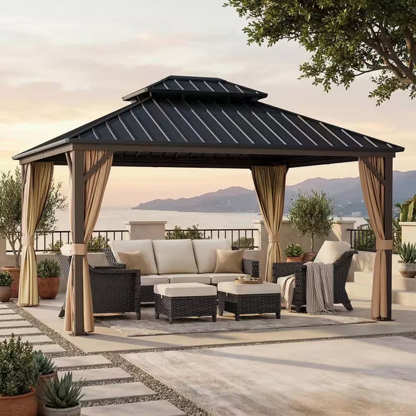 Outdoor Gazebo Built for Year-Round Use, 14x12 Aluminum Frame, Double Steel Roof, Mosquito Netting