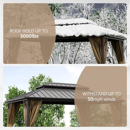 12 Ft. X 14 Ft. Double Galvanized Steel Roof Aluminum Frame Outdoor Patio Hardtop Gazebo with Netting and Curtains