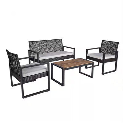 Wicker Patio Conversation Set Designed for Outdoor Relaxation, Acacia Wood Table, Iron Frame, Seats 4