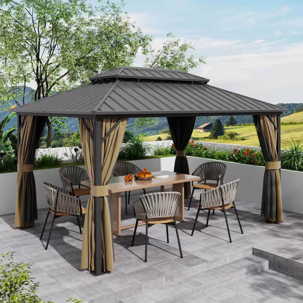 12 Ft. X 14 Ft. Double Galvanized Steel Roof Aluminum Frame Outdoor Patio Hardtop Gazebo with Netting and Curtains