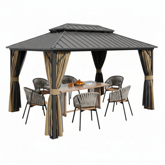 12 Ft. X 14 Ft. Double Galvanized Steel Roof Aluminum Frame Outdoor Patio Hardtop Gazebo with Netting and Curtains