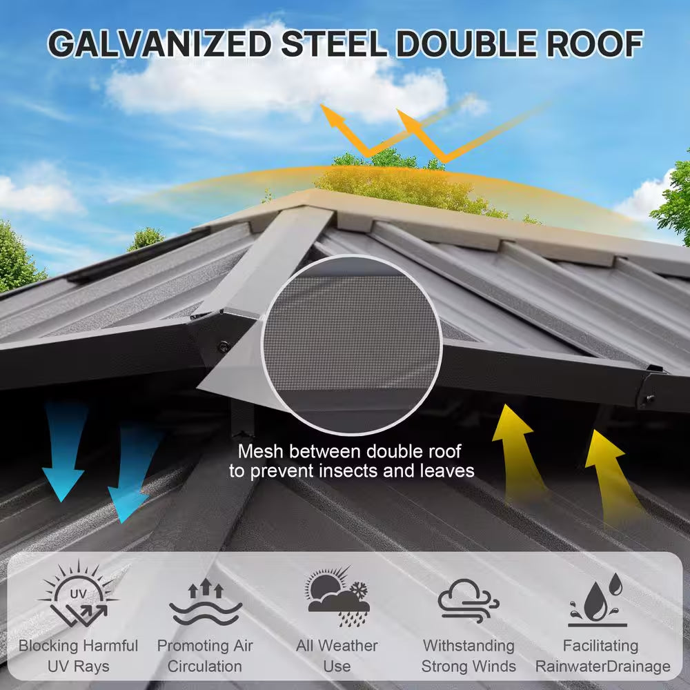 12 Ft. X 14 Ft. Double Galvanized Steel Roof Aluminum Frame Outdoor Patio Hardtop Gazebo with Netting and Curtains