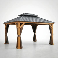 12 Ft. X 14 Ft. Outdoor Cedar Wood Frame Hardtop Gazebo with Galvanized Steel Double Roof, Curtains and Netting — Studio Shot