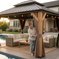 12 Ft. X 14 Ft. Outdoor Cedar Wood Frame Hardtop Gazebo with Galvanized Steel Double Roof, Curtains and Netting — Lifestyle