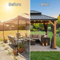 12 Ft. X 14 Ft. Outdoor Cedar Wood Frame Hardtop Gazebo with Galvanized Steel Double Roof, Curtains and Netting — Before & After