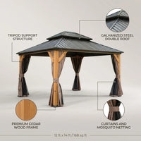 Outdoor Gazebo Built for Year-Round Entertaining, Cedar Wood Frame, Steel Double Roof, 168 Sq Ft — Feature Infographic