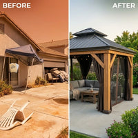 Outdoor Gazebo Built for Year-Round Entertaining, Cedar Wood Frame, Steel Double Roof, 168 Sq Ft — Before & After